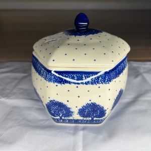 Spring inspired WIZA Polish Pottery Jar with Lid Blue&white|handmade|32|JAR|ART